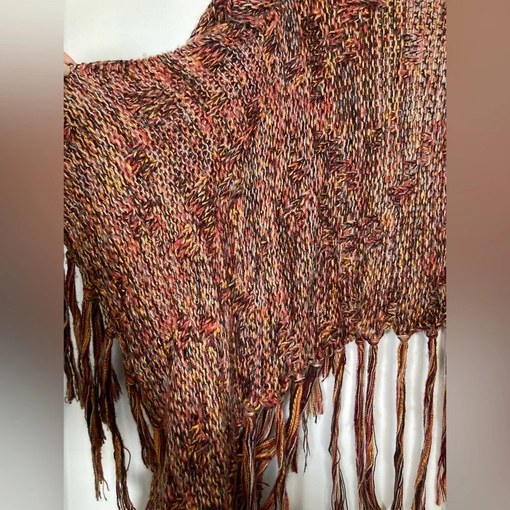 Gimmicks BKE Boho Fringe Open Front Shaggy Knit Cardigan Sz S Multi Color Rust